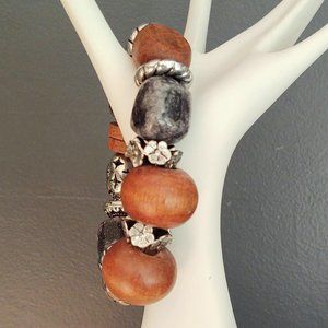 Wood, faux stone & silver beaded stretch bracelet
